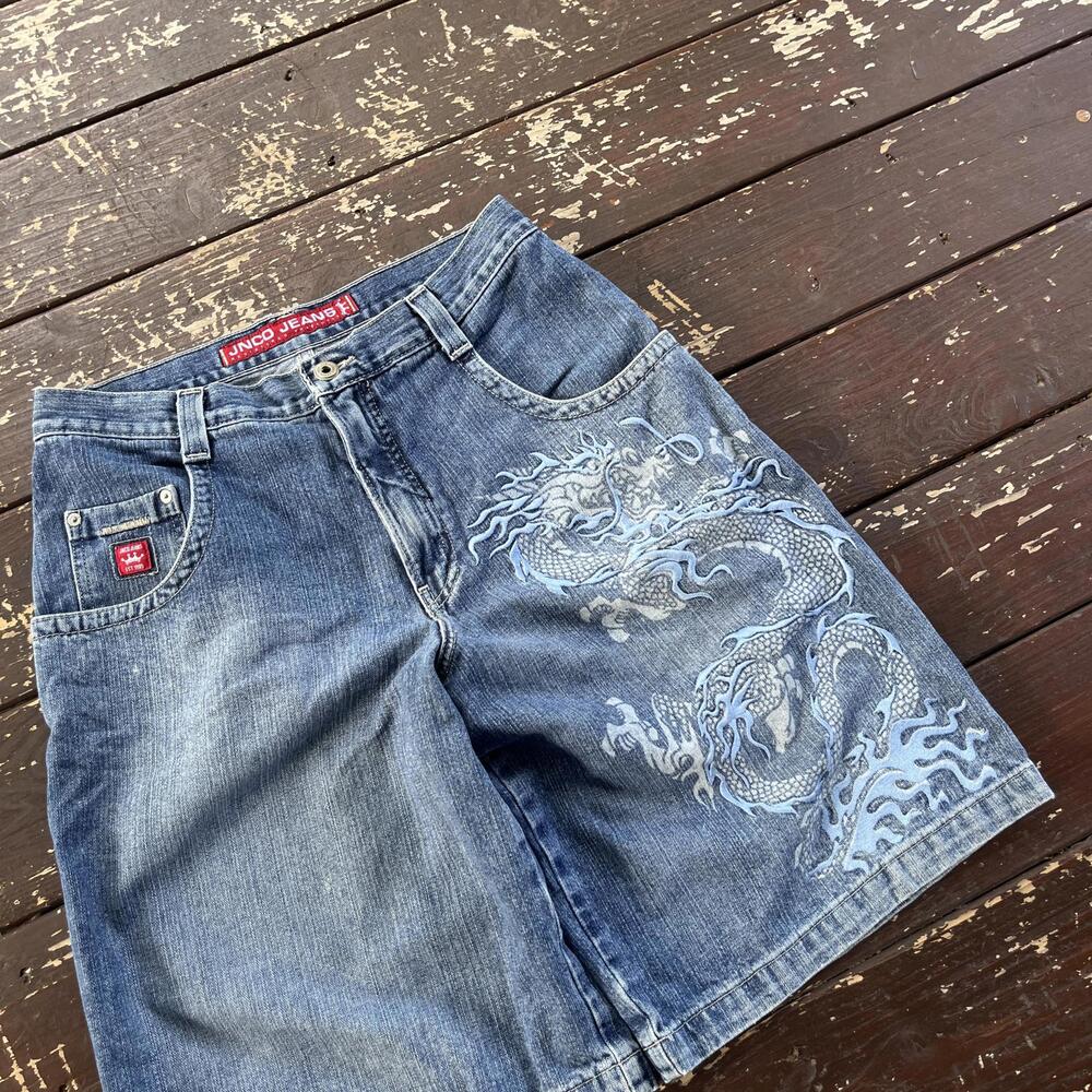 (32) Vintage 90s Y2K JNCO Jeans Jean Shorts Jorts Dragon Embroidered Baggy Skate - Picture 3 of 8